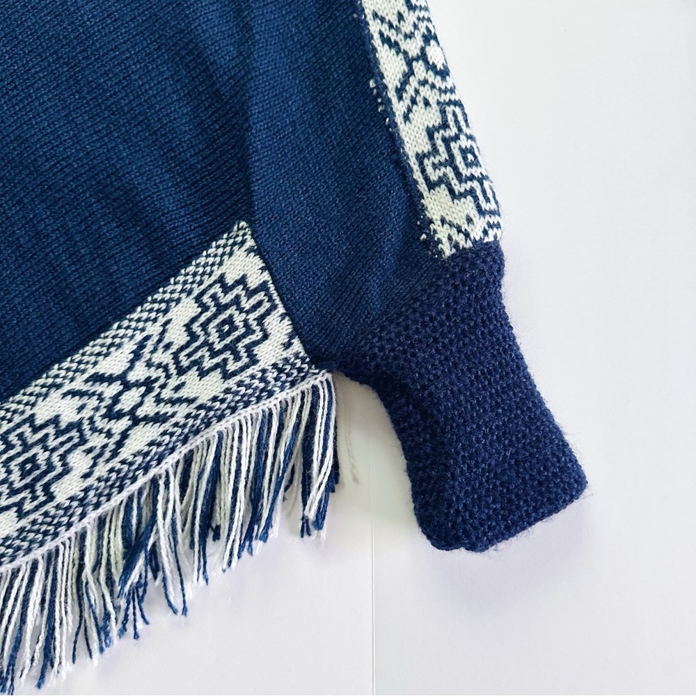NEW Boutique Navy Blue Alpaca Wool Fringe Sweater Poncho - Picture 5 of 5